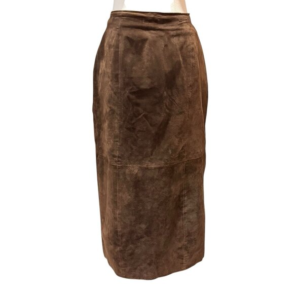 Vintage Suede Chocolate Brown Long Boho Western Pencil Maxi Skirt Size Large 14P - Picture 2 of 12